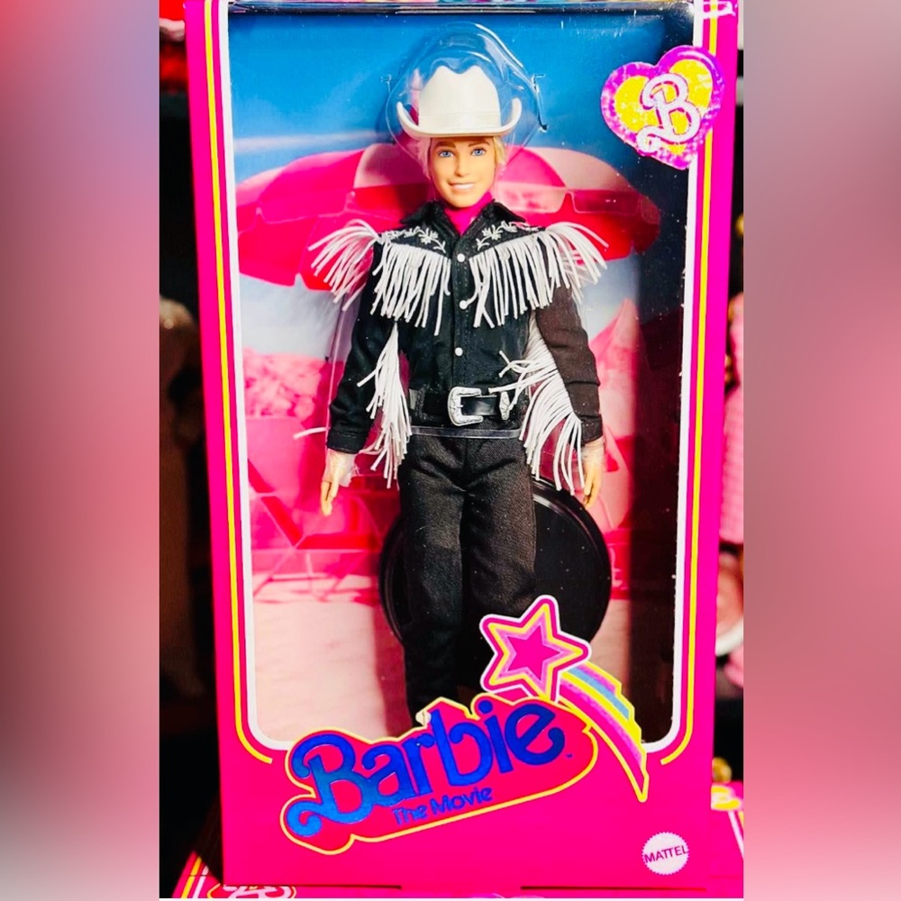 Barbie The Movie collectible Ken Doll wearing black and white western outfit.